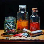 types of drug addiction with 3 jars and substance on a table